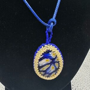 Blue and Gold Millefiori glass cabochon Pendant Necklace